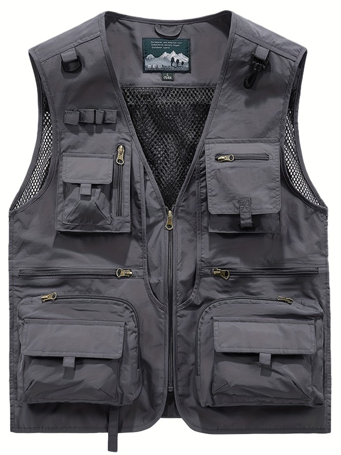 Breathable Mesh Zip Up Cargo Vest For Men - Perfect For Fishing, Hiking, And Trekking In Summer With Multiple Pockets