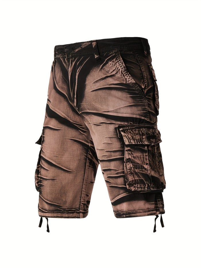 Camo Pattern Cotton Breathable Men's Embroidery Cargo Short Pants, Lightweight Flap Pocket Loose Trendy Shorts, Men's Work Pants Outdoors For Hiking Fishing