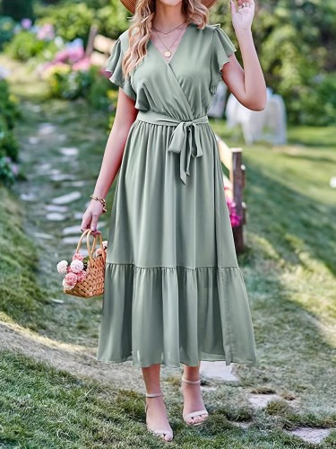 Solid Surplice Neck Dress, Elegant Ruffle Sleeve Belted Dress For Spring & Summer, Women's Clothing