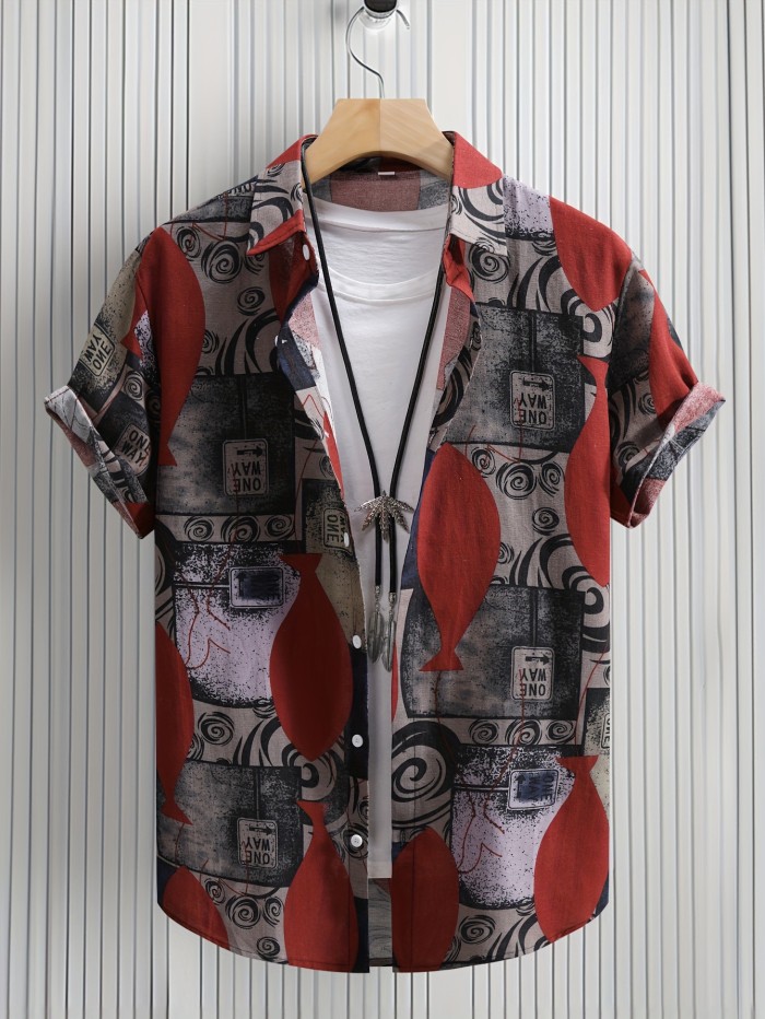 Stylish Mens Geometric Print Shirt - Breathable, Loose Fit, Short Sleeve, Lapel Collar, Button Up, Casual Wear for Summer Outdoor Activities and Daily Life