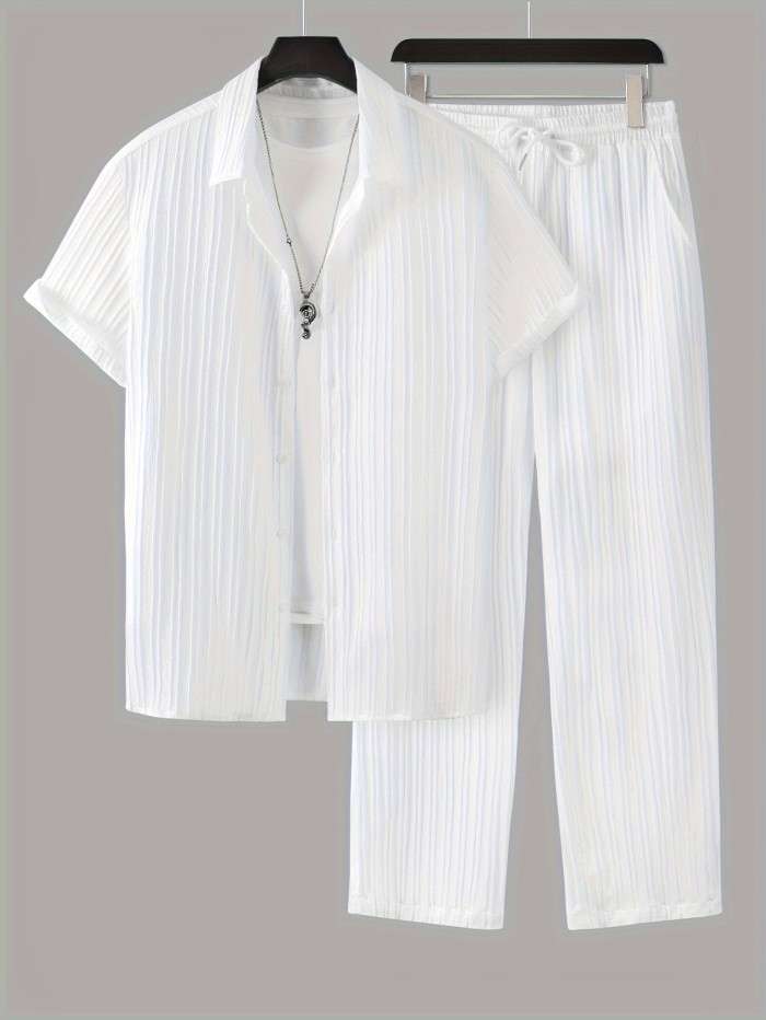 2-piece Men's Stylish Spring Summer Vacation Outfit Set, Men's Ruffled Short Sleeve Lapel Shirt & Drawstring Long Pants Set