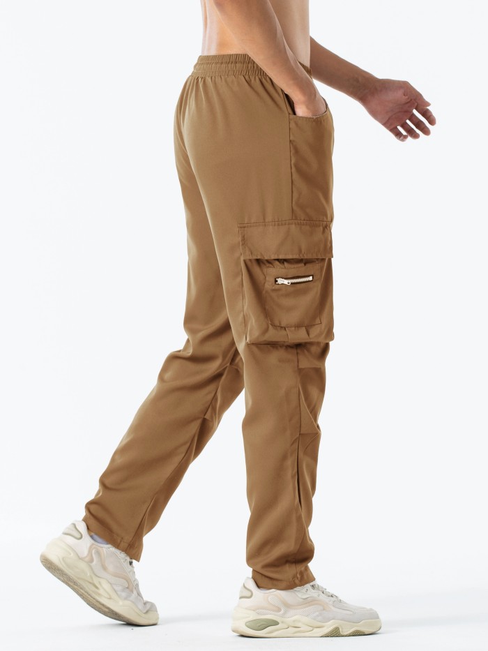 Mens Solid Long Drawstring Cargo Straight Leg Pants - Loose Fit, Non-Stretch Polyester, Multiple Pockets, Machine Washable - Perfect for Outdoor Sports, Beach, Weekend Casual, and Night Out