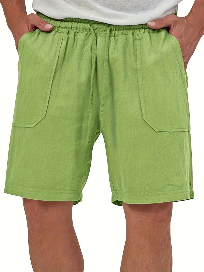 Men's Summer Shorts In Solid Color, Elastic Waistband With Drawstring, Straight Leg Breathable Casual Mid-Length Beach Shorts