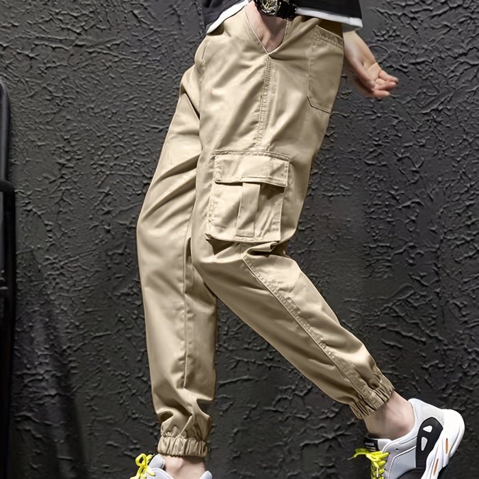 Men's Cuffed Cargo Pants With Pockets In Solid Color, Loose Fit And Trendy For Casual Wear And Outdoor Activity