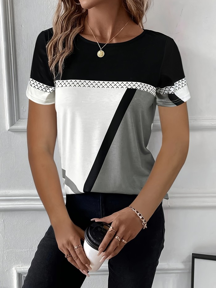 Trendy Color Block Womens Tee - Soft, Breathable Crew Neck Top for Casual Spring & Summer Wear