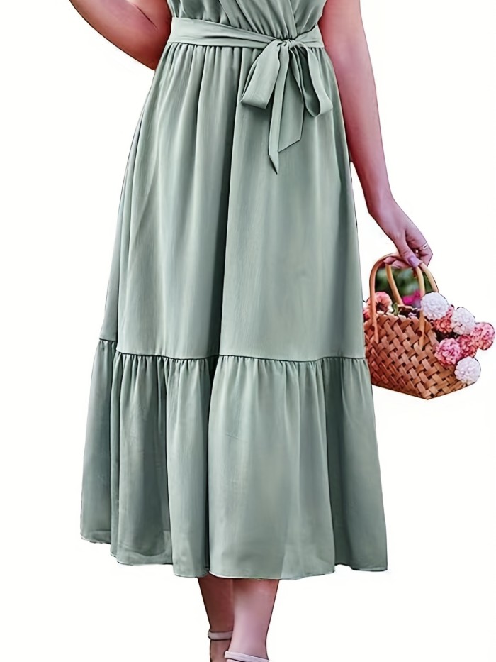 Solid Surplice Neck Dress, Elegant Ruffle Sleeve Belted Dress For Spring & Summer, Women's Clothing