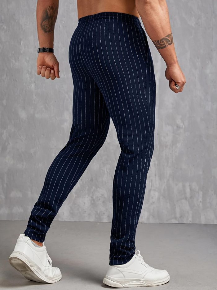 Contrast Color Stripe Pattern Men's Regular Fit And Cuffed Pants With Drawstring And Pockets, Chic And Casual Trousers Suitable For Outdoors And Business Wear