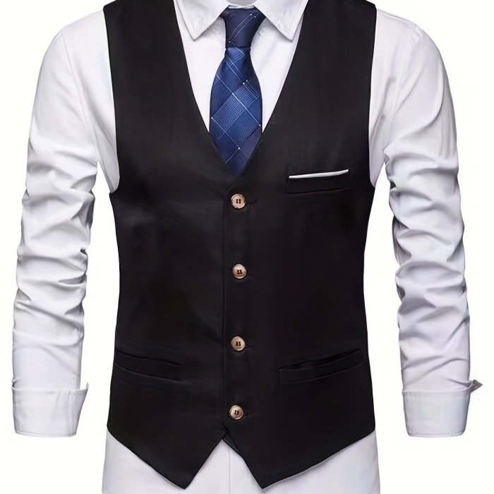 V Neck Smart Suit Vest, Men's Casual Retro Style Solid Color Single Breasted Waistcoat For Dinner Suit Match