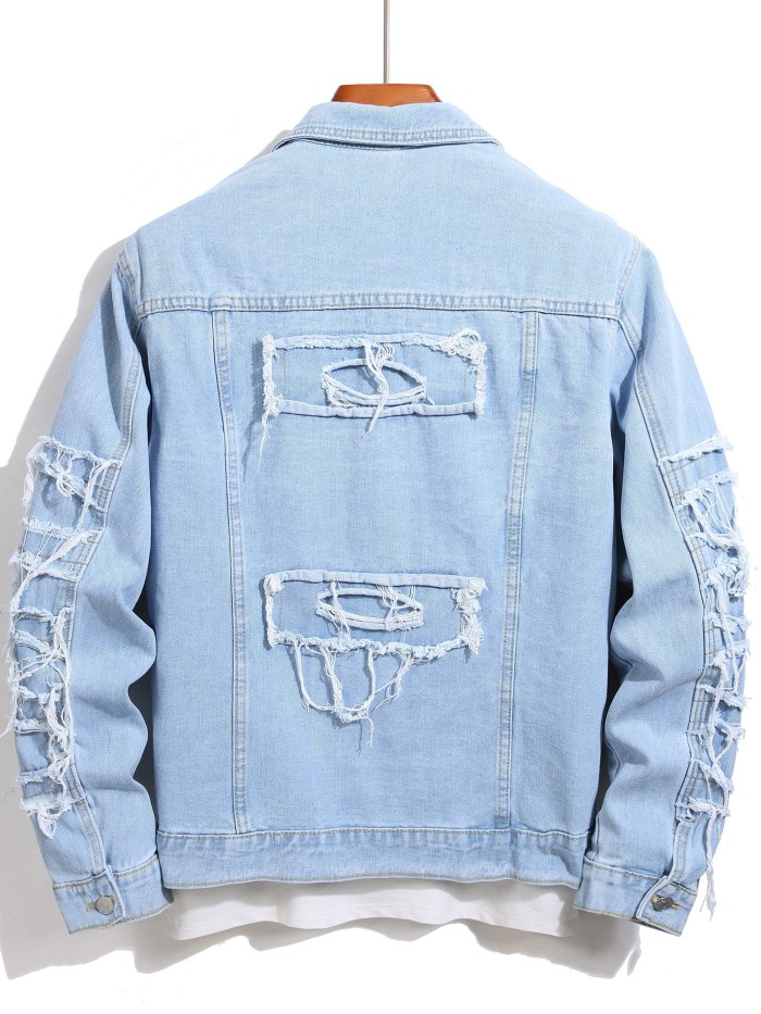 Men's Casual Raw Trim Button Up Denim Jacket, Chic Street Style Lapel Jacket