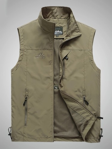 Nylon Casual Men's Zip Up Sleeveless Stand Collar Vest Jacket, Summer Breathable Multi-pocket Vest For Outdoor Hiking Sports