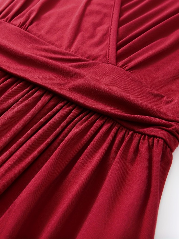 Solid Color Surplice Neck Dress, Elegant Flutter Sleeve Ruffle Hem Midi Dress, Women's Clothing