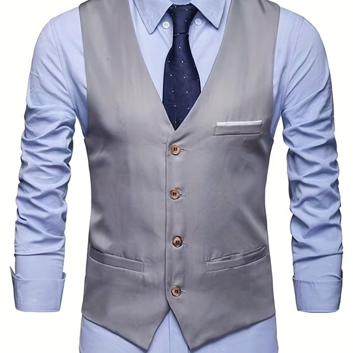 V Neck Smart Suit Vest, Men's Casual Retro Style Solid Color Single Breasted Waistcoat For Dinner Suit Match