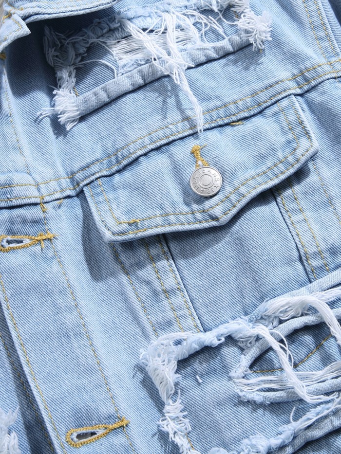 Men's Casual Raw Trim Button Up Denim Jacket, Chic Street Style Lapel Jacket