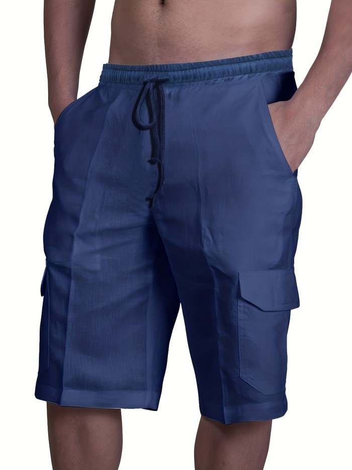 Classic Design Cotton Cargo Shorts, Men's Casual Multi Pocket Waist Drawstring Cargo Shorts For Summer Outdoor