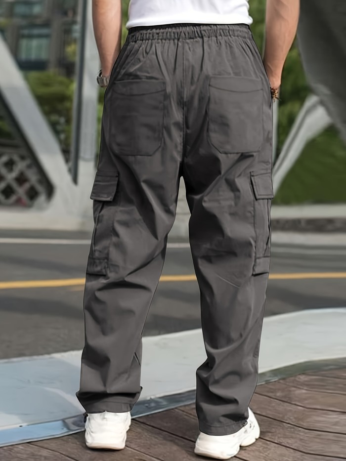Men's Cargo Pants With Drawstring And Pockets In Solid Color, Loose Fit And Trendy For Casual Wear
