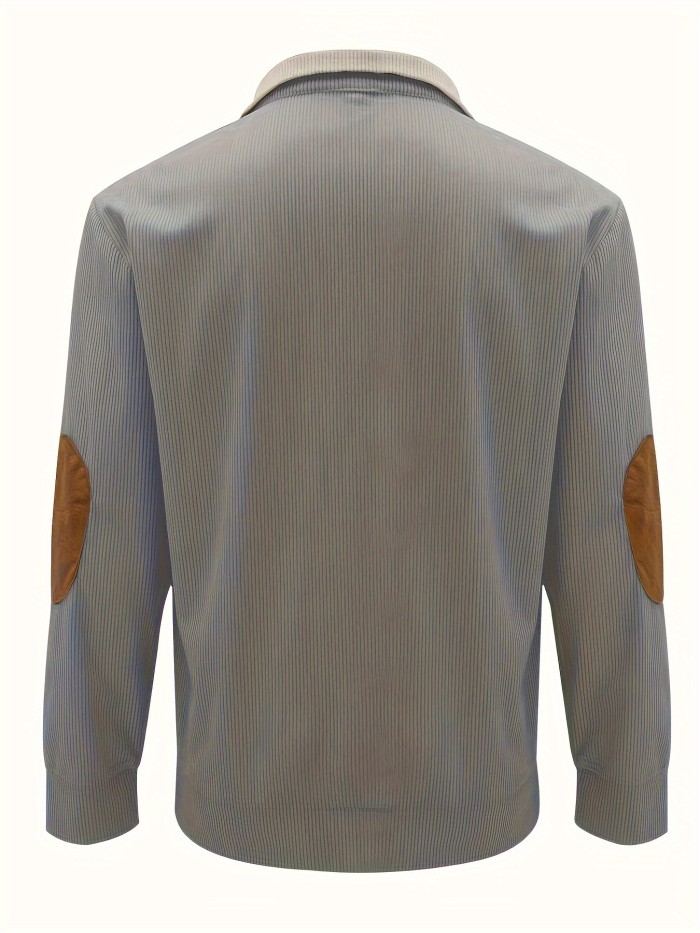 Men's Contrast Color Long Sleeve And Stand Collar Henley Shirt With Patchwork Pieces, Chic And Trendy Tops For Spring And Autumn Outdoors Leisurewear