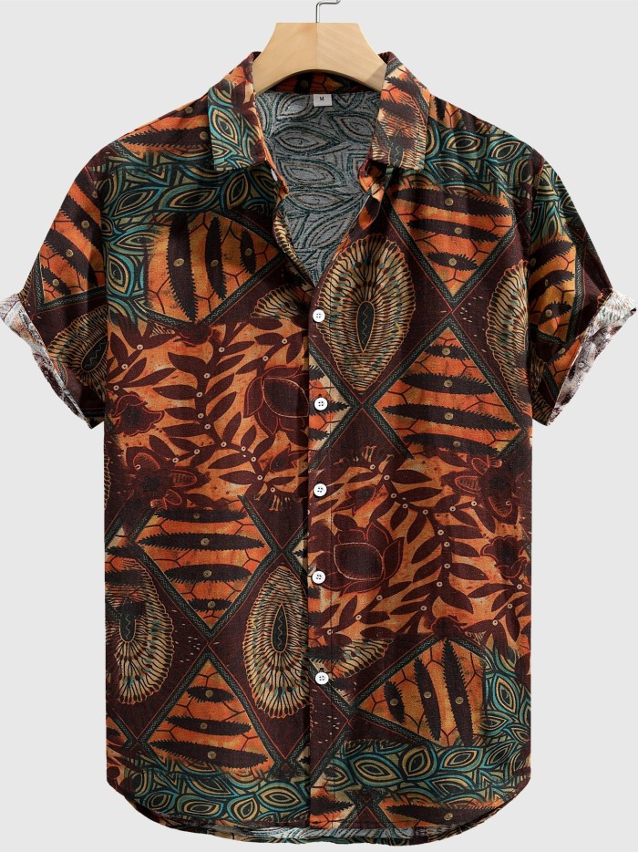 Stylish Mens Geometric Print Shirt - Breathable, Loose Fit, Short Sleeve, Lapel Collar, Button Up, Casual Wear for Summer Outdoor Activities and Daily Life