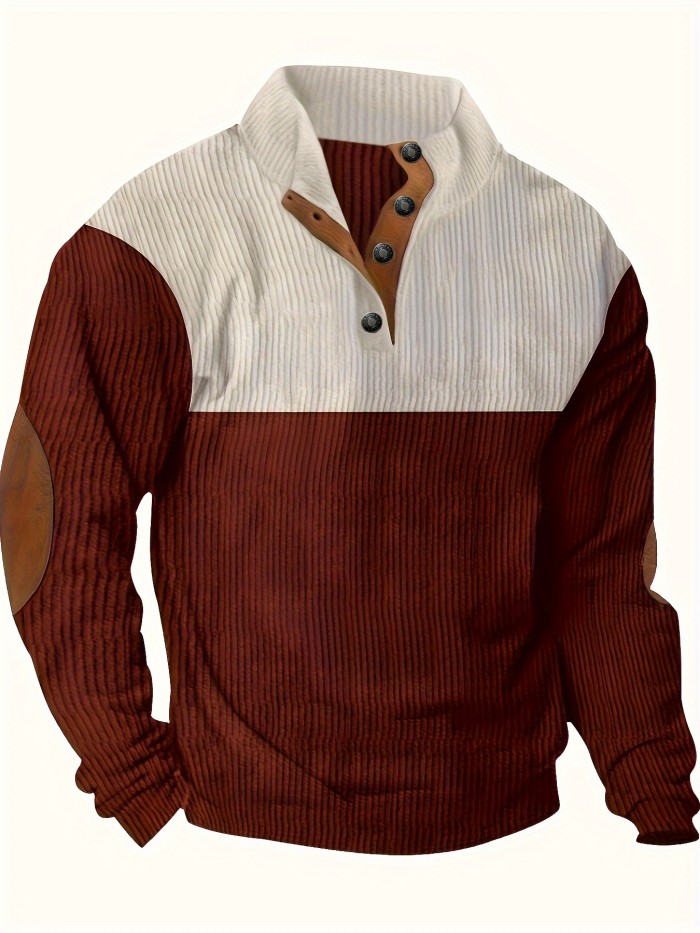 Men's Contrast Color Long Sleeve And Stand Collar Henley Shirt With Patchwork Pieces, Chic And Trendy Tops For Spring And Autumn Outdoors Leisurewear