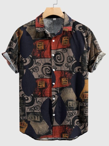 Stylish Mens Geometric Print Shirt - Breathable, Loose Fit, Short Sleeve, Lapel Collar, Button Up, Casual Wear for Summer Outdoor Activities and Daily Life