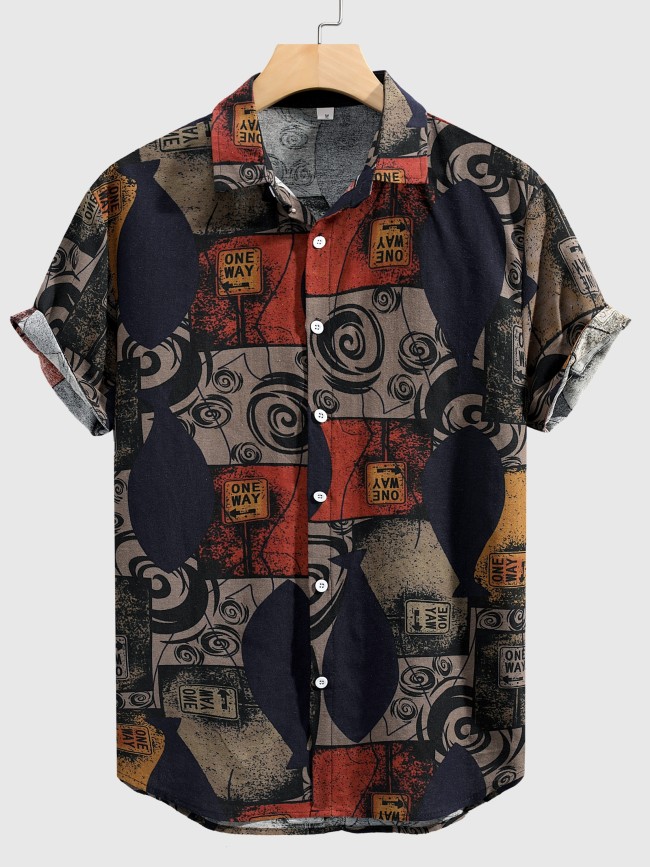 Stylish Mens Geometric Print Shirt - Breathable, Loose Fit, Short Sleeve, Lapel Collar, Button Up, Casual Wear for Summer Outdoor Activities and Daily Life