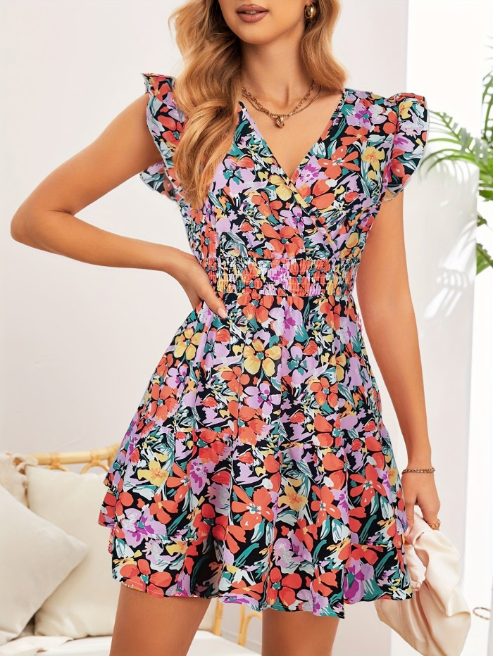 Floral Print Surplice Neck Dress, Elegant Ruffle Sleeve Dress For Spring & Summer, Women's Clothing