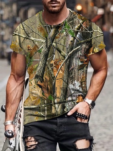 3D Branch Graphic Print Crew Neck T-Shirt - Soft Medium Stretch Polyester, Short Sleeve, Pullover, Machine Washable, Comfy Casual Tee for Summer Vacation and Daily Wear