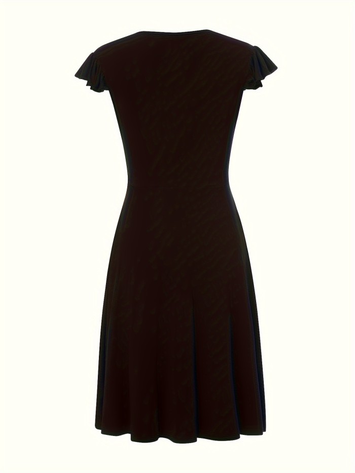 Solid Color Surplice Neck Dress, Elegant Flutter Sleeve Ruffle Hem Midi Dress, Women's Clothing