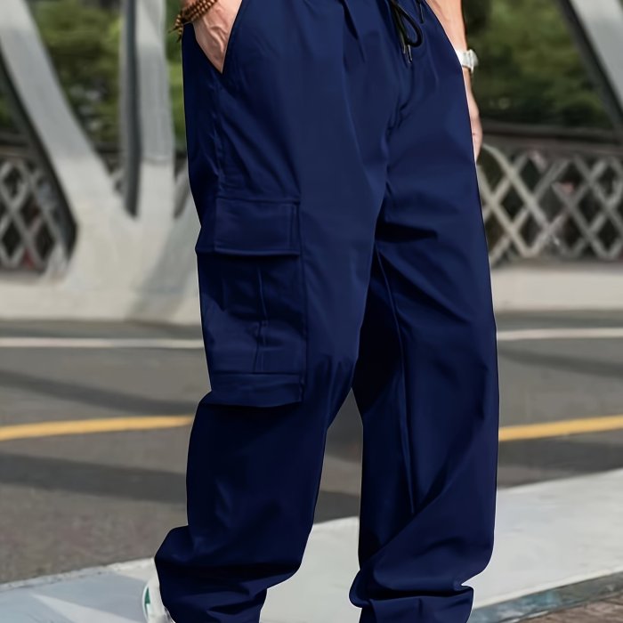 Men's Cargo Pants With Drawstring And Pockets In Solid Color, Loose Fit And Trendy For Casual Wear