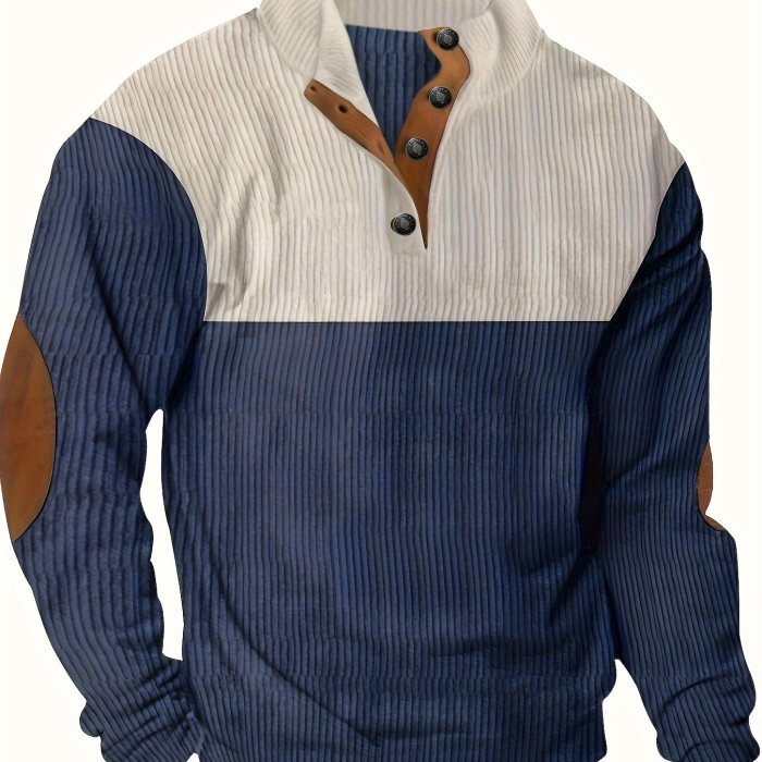 Men's Contrast Color Long Sleeve And Stand Collar Henley Shirt With Patchwork Pieces, Chic And Trendy Tops For Spring And Autumn Outdoors Leisurewear