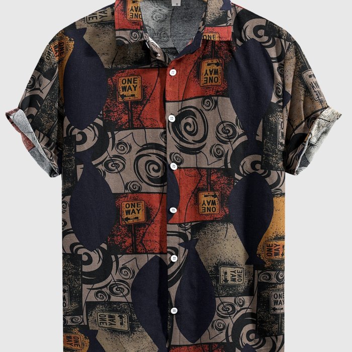 Stylish Mens Geometric Print Shirt - Breathable, Loose Fit, Short Sleeve, Lapel Collar, Button Up, Casual Wear for Summer Outdoor Activities and Daily Life