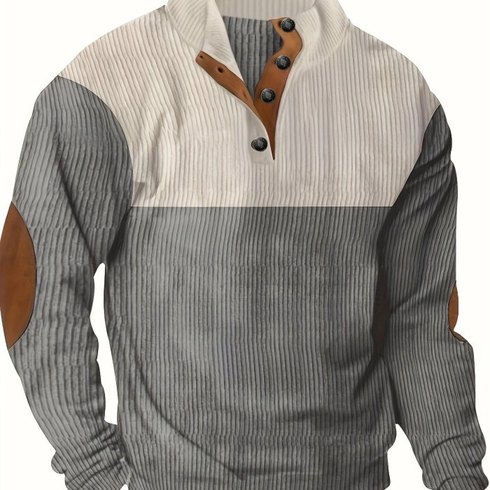 Men's Contrast Color Long Sleeve And Stand Collar Henley Shirt With Patchwork Pieces, Chic And Trendy Tops For Spring And Autumn Outdoors Leisurewear
