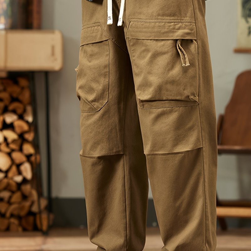 Men's Cuffed Cargo Pants With Drawstring And Pockets In Solid Color, Loose Fit And Trendy For Casual Wear