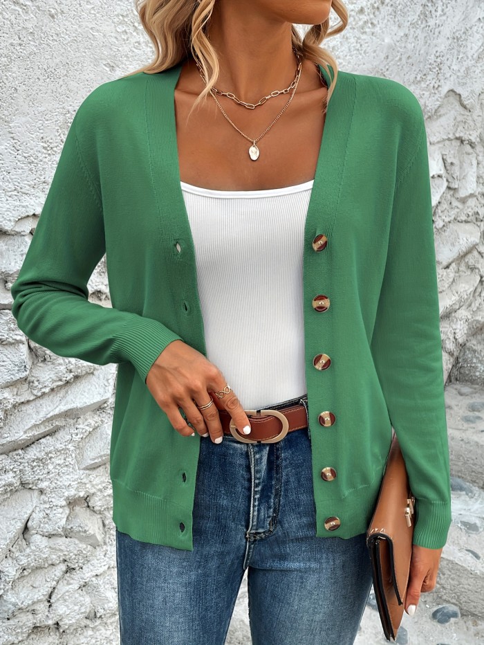 Solid Color Button Front Top, Elegant V Neck Long Sleeve Cardigans Top For Every Day, Women's Clothing