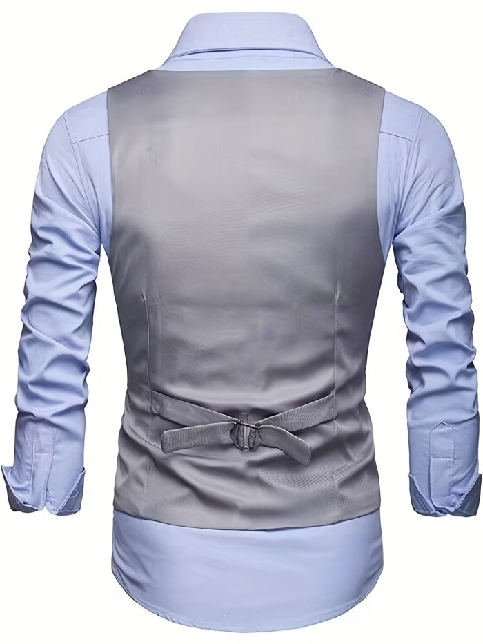 V Neck Smart Suit Vest, Men's Casual Retro Style Solid Color Single Breasted Waistcoat For Dinner Suit Match
