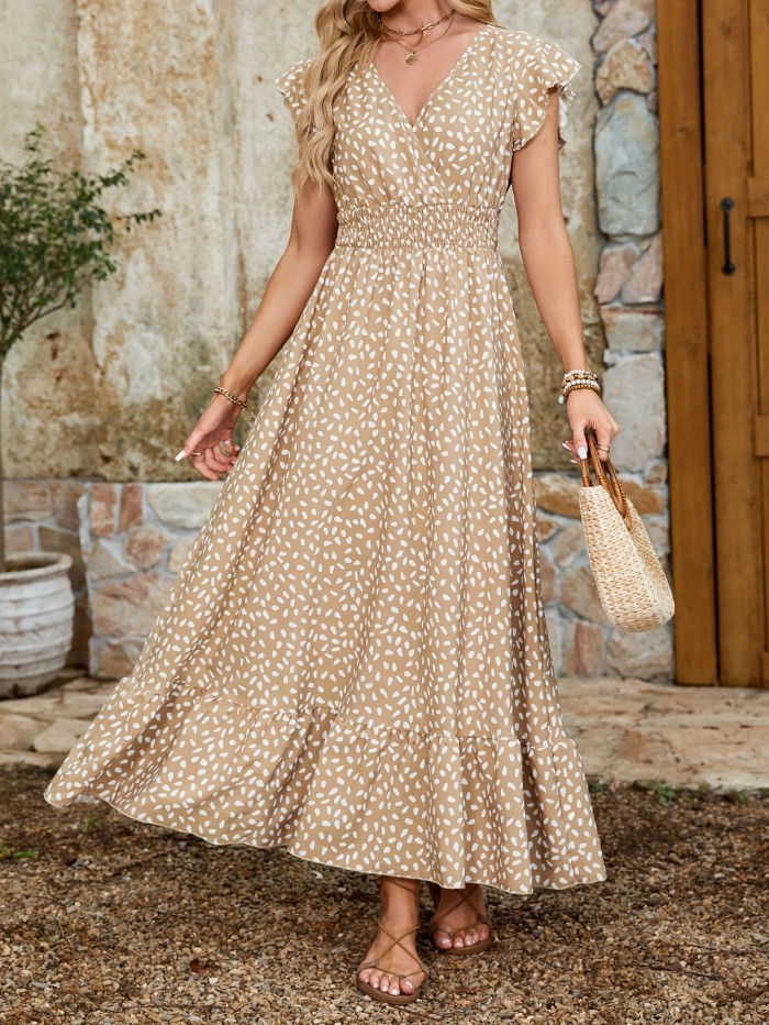 Allover Print Surplice Neck Dress, Elegant Ruffle Sleeve Shirred Waist A-line Dress For Spring & Summer, Women's Clothing