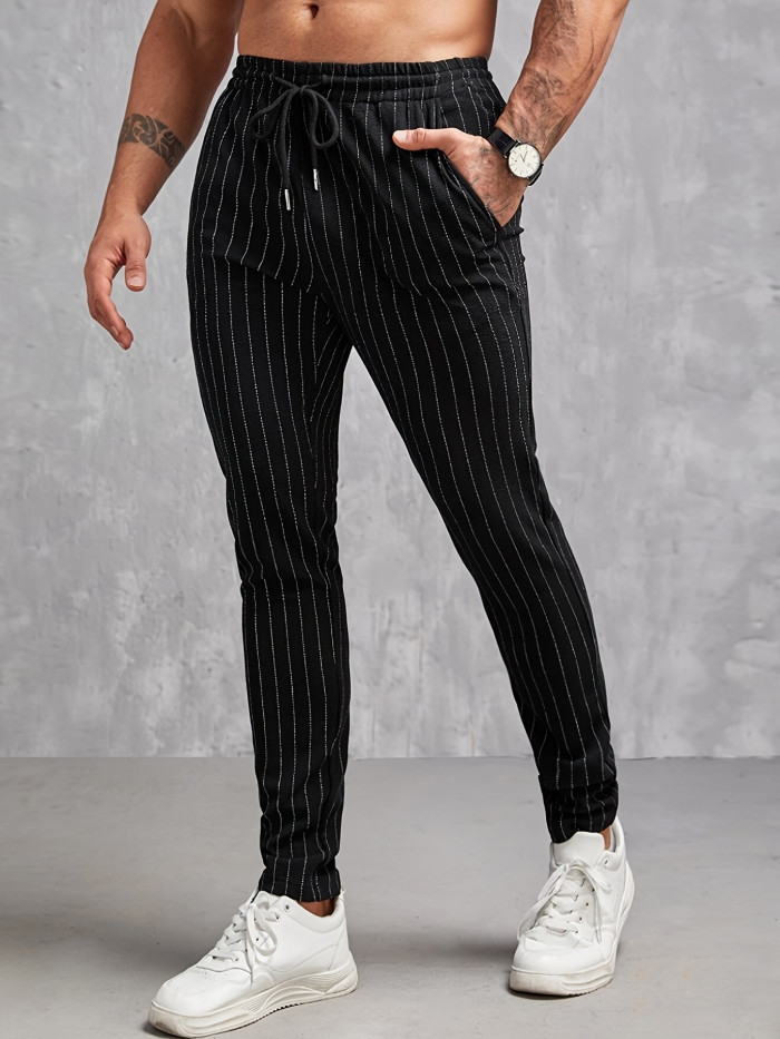 Contrast Color Stripe Pattern Men's Regular Fit And Cuffed Pants With Drawstring And Pockets, Chic And Casual Trousers Suitable For Outdoors And Business Wear