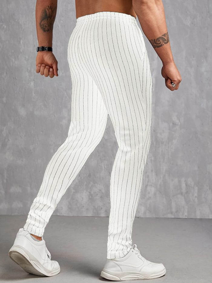 Contrast Color Stripe Pattern Men's Regular Fit And Cuffed Pants With Drawstring And Pockets, Chic And Casual Trousers Suitable For Outdoors And Business Wear