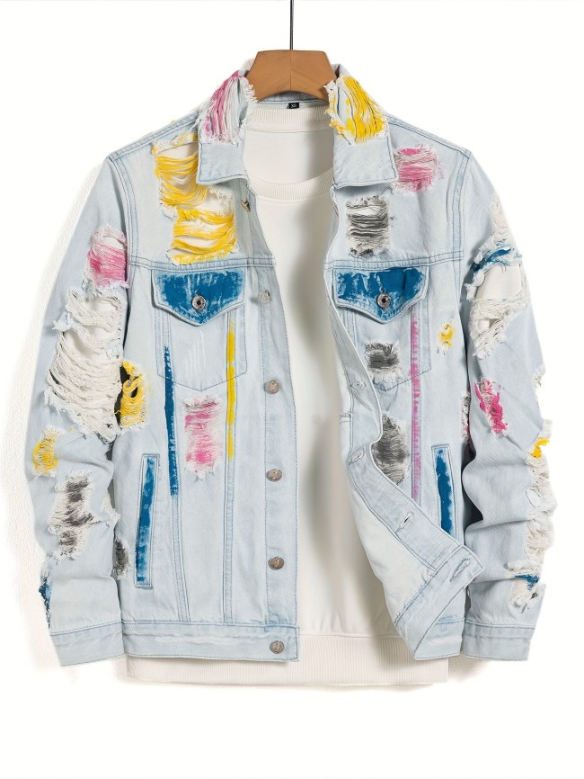 Stylish Leisure Denim Jacket With Colorful Ripped Design, Spring Fall Outwear