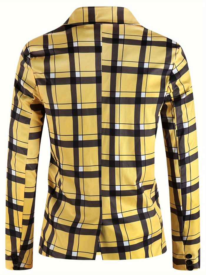 Men's Plaid One-Botton Blazer Jacket, Fashion Tailored Fit Suit Coat With Notch Lapels For Leisure Business Party