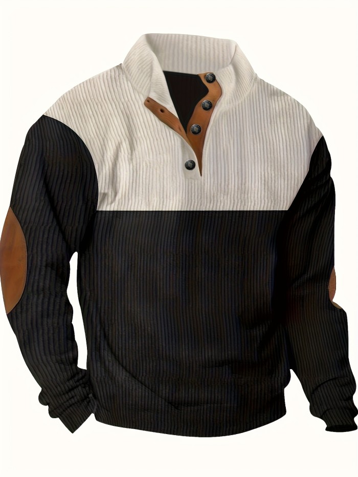 Men's Contrast Color Long Sleeve And Stand Collar Henley Shirt With Patchwork Pieces, Chic And Trendy Tops For Spring And Autumn Outdoors Leisurewear