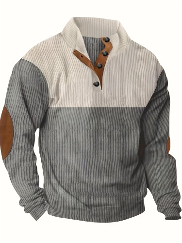 Men's Contrast Color Long Sleeve And Stand Collar Henley Shirt With Patchwork Pieces, Chic And Trendy Tops For Spring And Autumn Outdoors Leisurewear