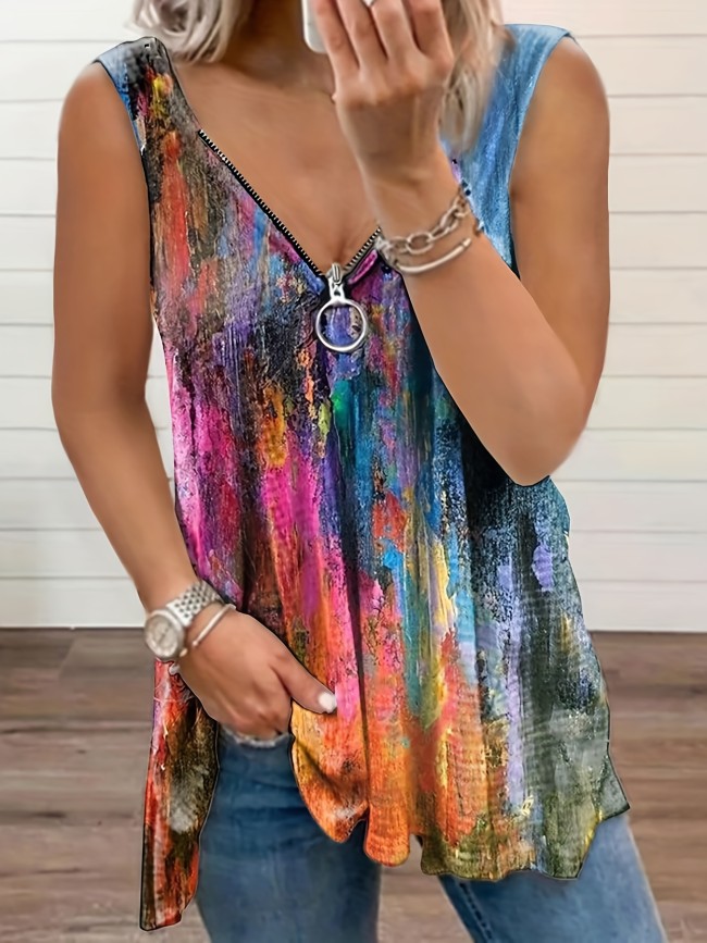Vibrant Tie Dye V Neck Zipper Top - Soft Mid-Elastic Dacron and Spandex Blend, Casual Sleeveless Summer Top for Women - Random Printing, Knit Fabric, All Season Wear