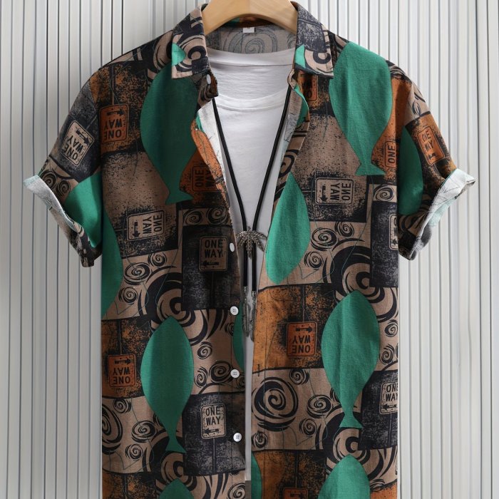 Stylish Mens Geometric Print Shirt - Breathable, Loose Fit, Short Sleeve, Lapel Collar, Button Up, Casual Wear for Summer Outdoor Activities and Daily Life