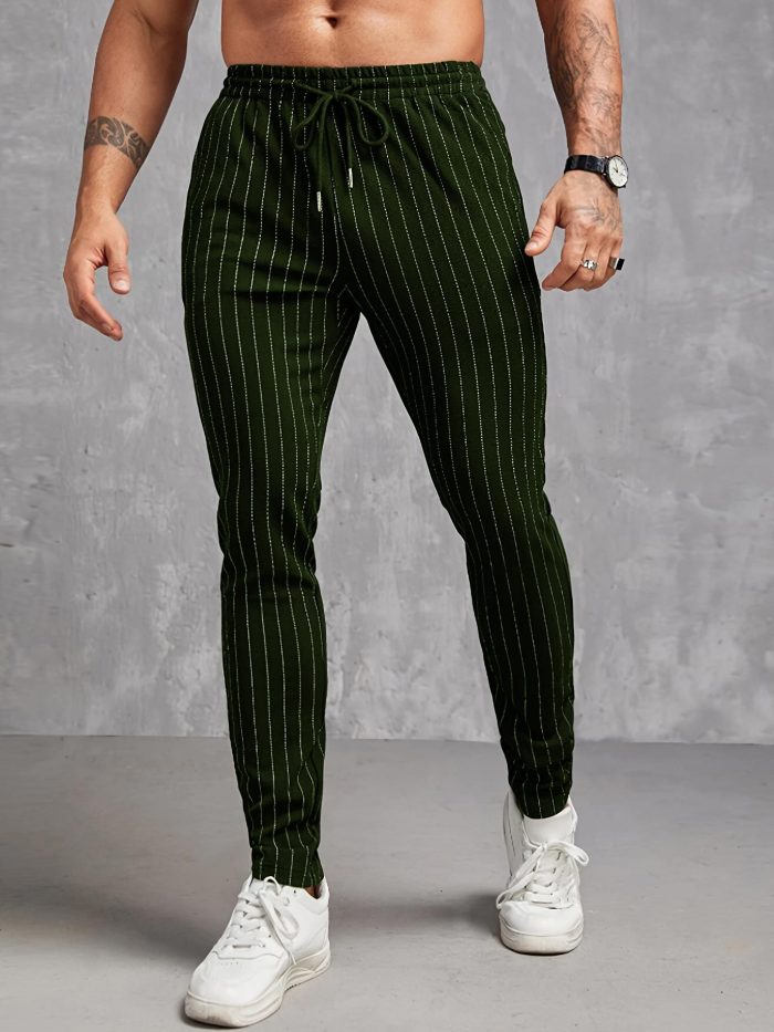 Contrast Color Stripe Pattern Men's Regular Fit And Cuffed Pants With Drawstring And Pockets, Chic And Casual Trousers Suitable For Outdoors And Business Wear