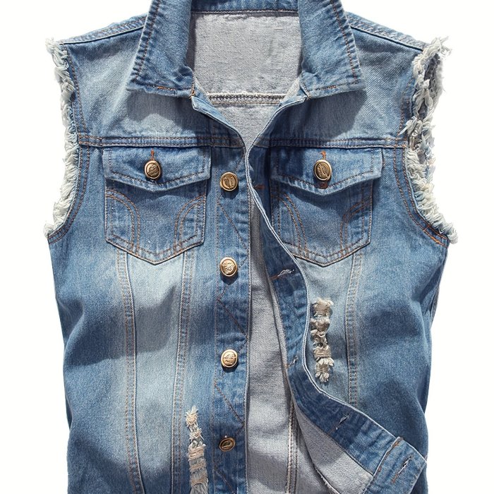 Men's Denim Vest Sleeveless Jacket Slim Fit Vintage Casual Ripped Summer Jean Vest for Men