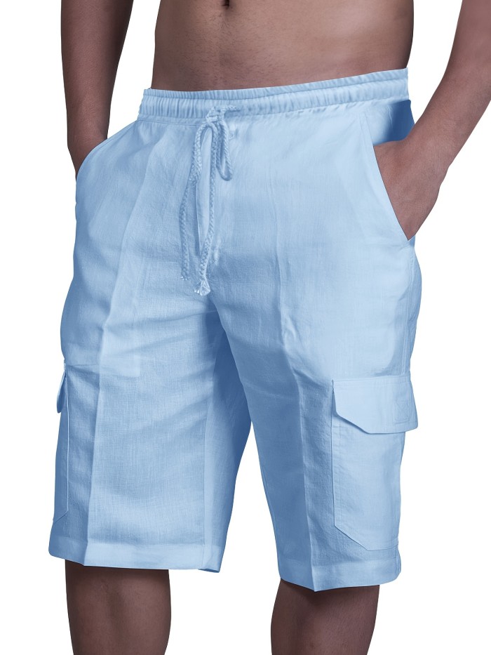 Classic Design Cotton Cargo Shorts, Men's Casual Multi Pocket Waist Drawstring Cargo Shorts For Summer Outdoor