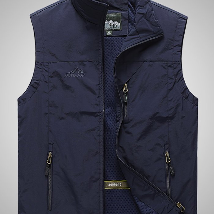 Nylon Casual Men's Zip Up Sleeveless Stand Collar Vest Jacket, Summer Breathable Multi-pocket Vest For Outdoor Hiking Sports
