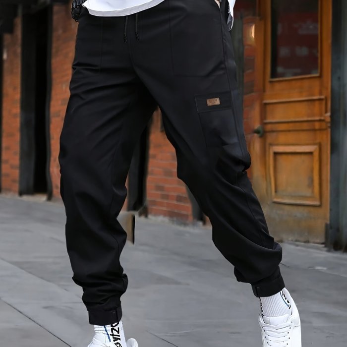Men's Cuffed Casual Pants With Drawstring And Pockets In Solid Color, Perfect For Sports And Outdoors