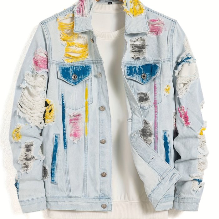 Stylish Leisure Denim Jacket With Colorful Ripped Design, Spring Fall Outwear