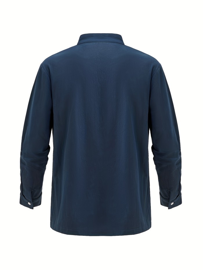 Cotton Men's Long Sleeve Retro Medieval Pirate Shirt, Lace Up Casual Beach Tops, Festival Halloween Party Dress Shirt, Solid V-Neck Tops For Men
